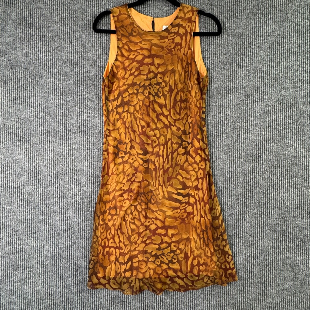 VTG Jeffrey Dara Petite Dress Brown Beige Abstract Print Sleeveless Boho 90s Y2K